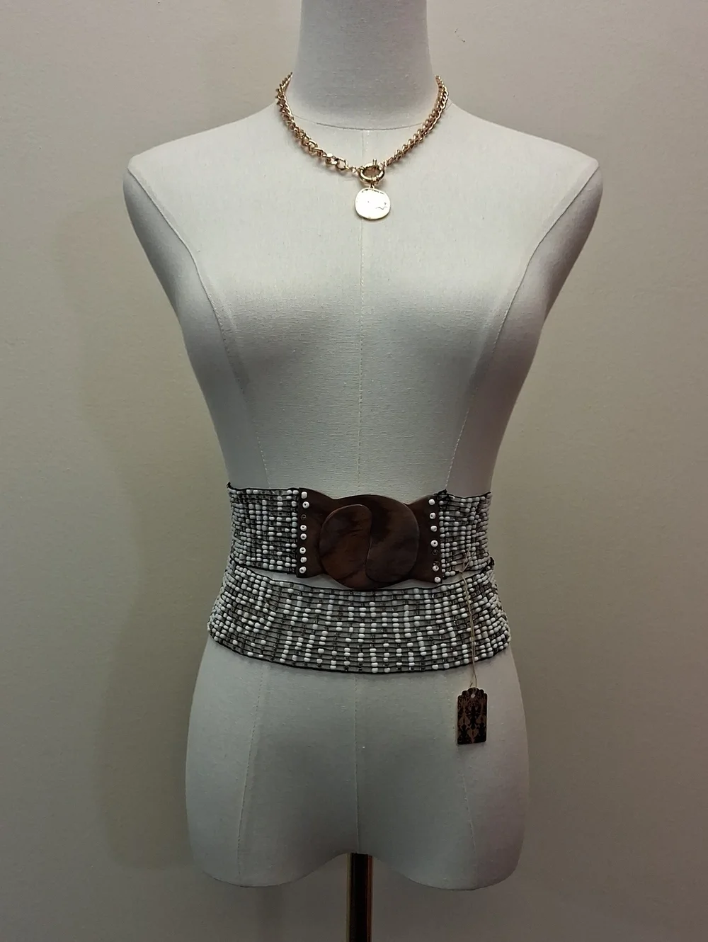 Beaded Elastic Wide Waist Belt Wood Buckle Gray White Y2K One Size